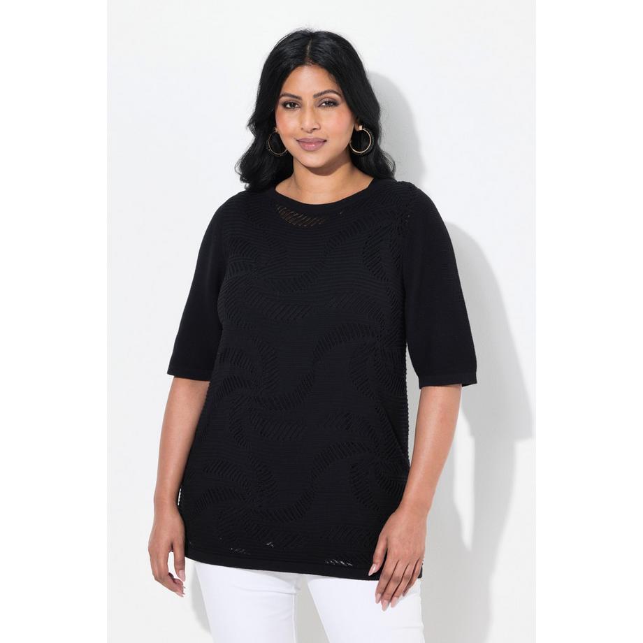 Ulla Popken Maglione Fiori Scollo a Barca Mezze Maniche  