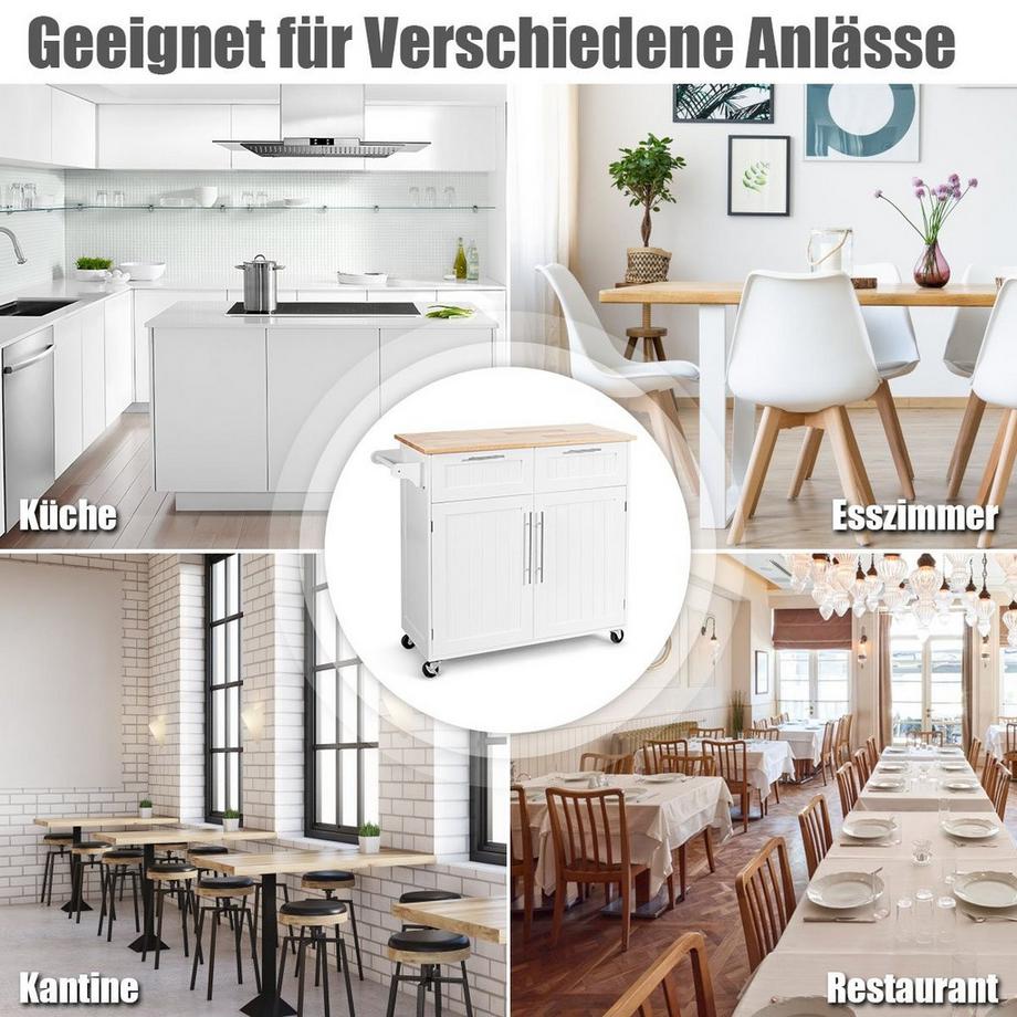 B2X Küchenwagen Rollender Servierwagen mit Schubladen und Schränken 94 x 45,5 x 94,5 cm Weiß  