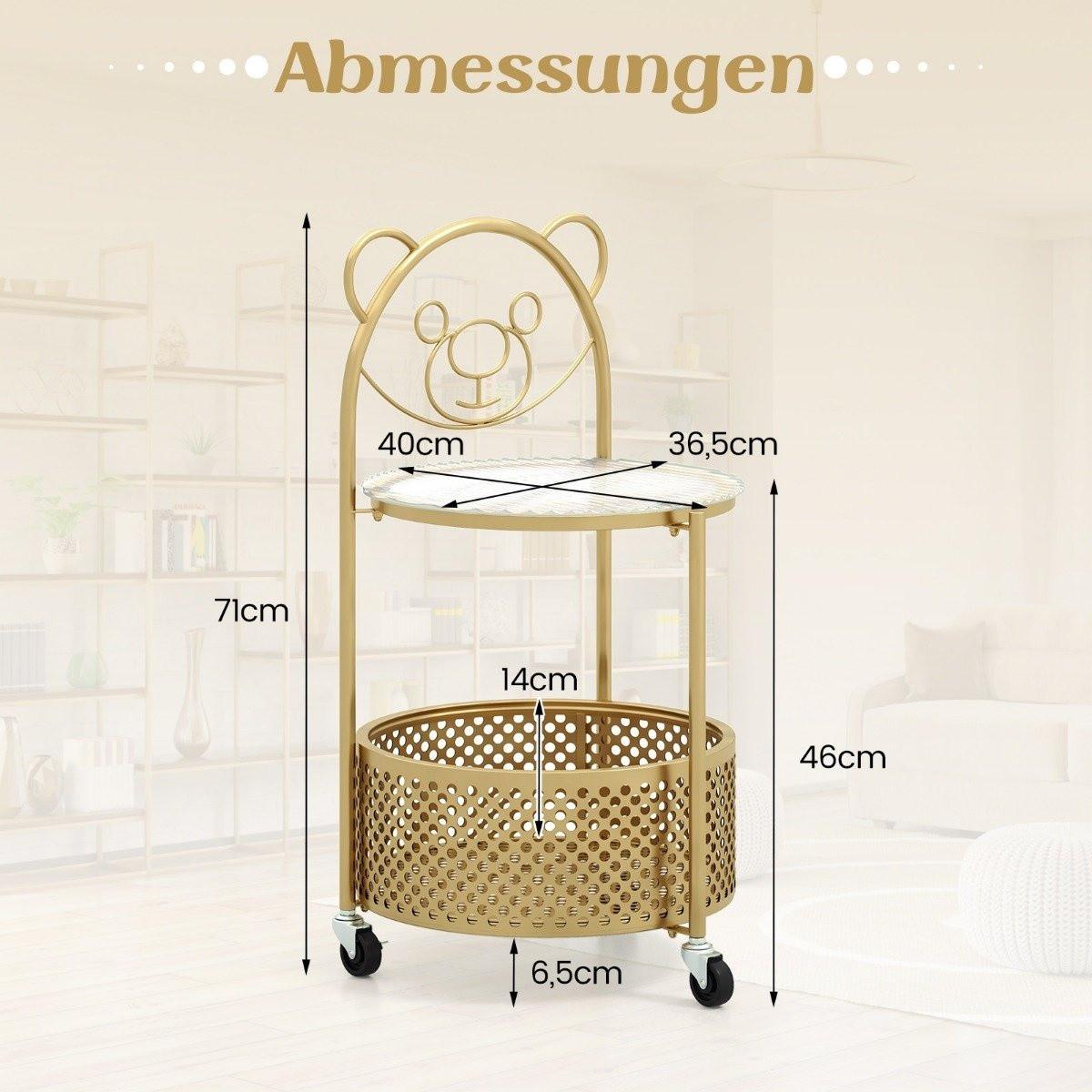 Northio Table d'appoint en verre à roulettes Table en verre à 2 niveaux ronde avec motif ours doré  