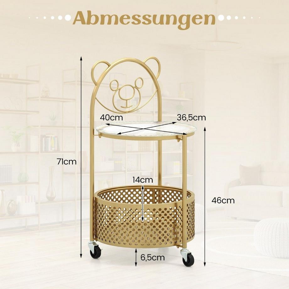 Northio Beistelltisch Glas mit Rollen 2-stufiger Glastisch rund mit Bärenmuster Gold  