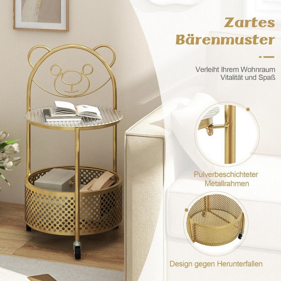 Northio Beistelltisch Glas mit Rollen 2-stufiger Glastisch rund mit Bärenmuster Gold  