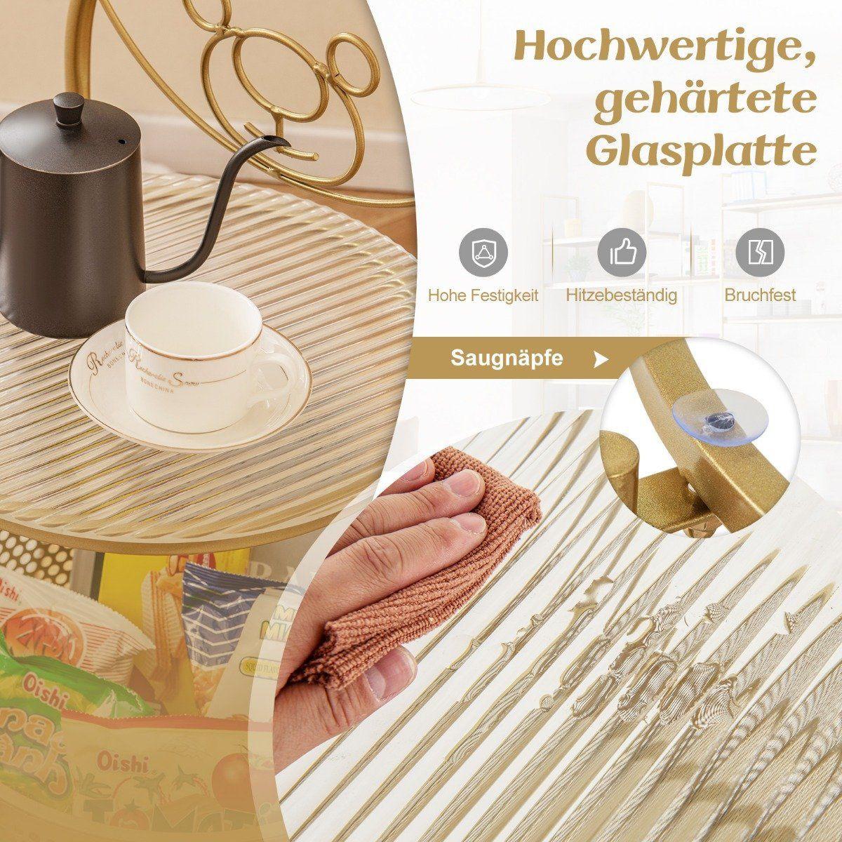 Northio Table d'appoint en verre à roulettes Table en verre à 2 niveaux ronde avec motif ours doré  