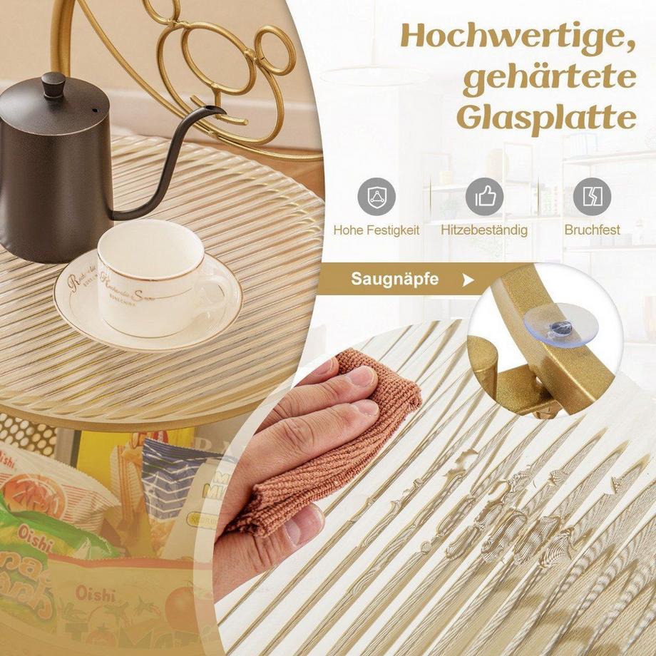 Northio Beistelltisch Glas mit Rollen 2-stufiger Glastisch rund mit Bärenmuster Gold  