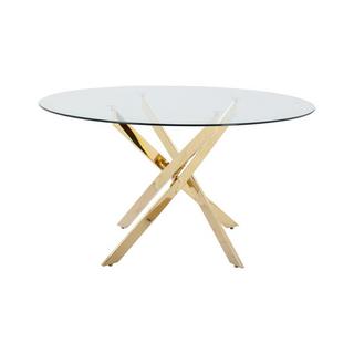Vente-unique Table à manger ronde 6 couverts en verre trempé et métal doré - Transparent - COSIMA  