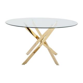 Vente-unique Table à manger ronde 6 couverts en verre trempé et métal doré - Transparent - COSIMA  