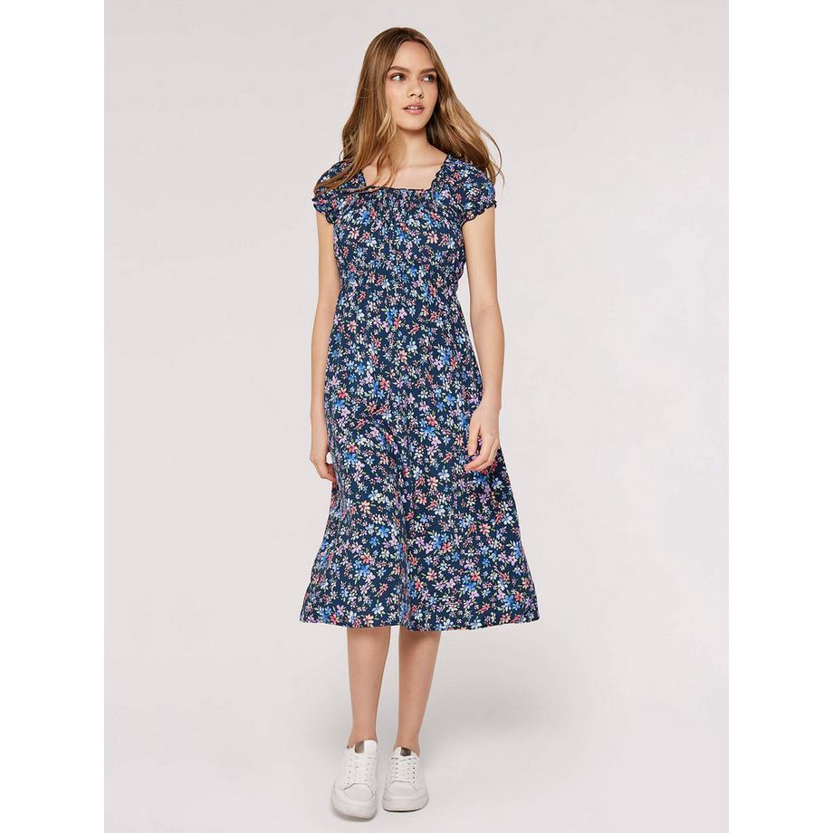 Milchmädchen-Midikleid mit zartem Blumenmuster