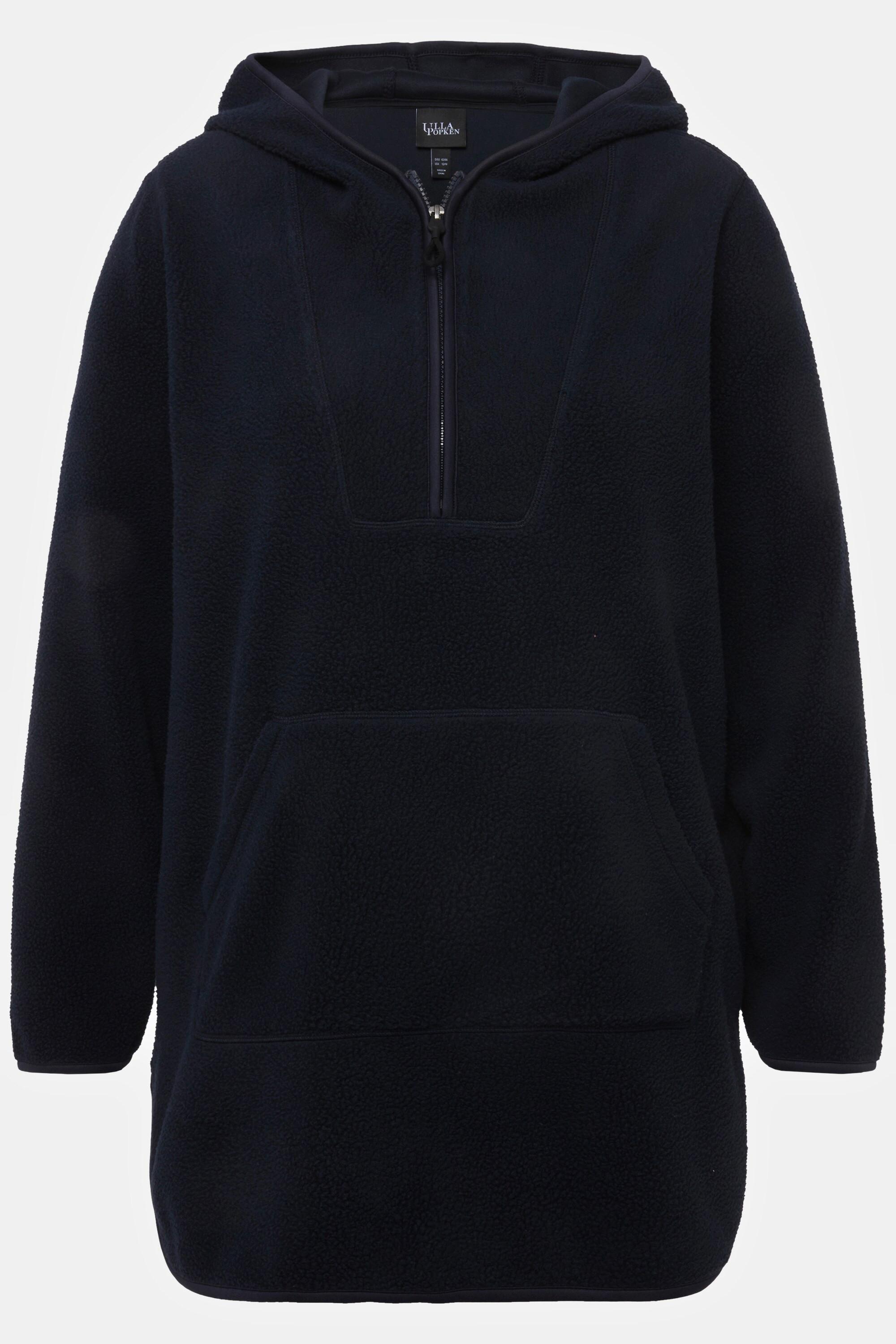 Ulla Popken  Pullover lungo di pellicciotto di pile con cappuccio, zip e maniche lunghe 