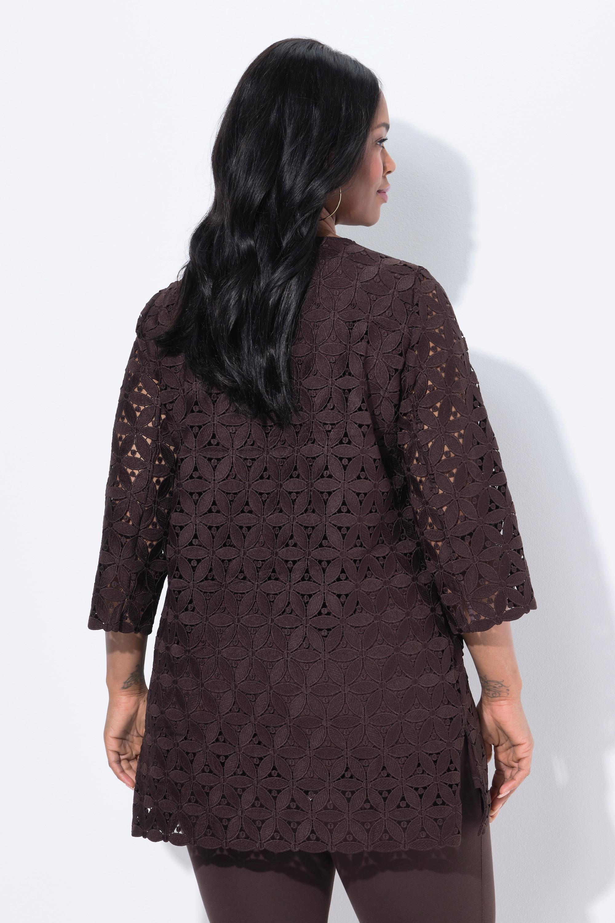 Ulla Popken Tunica Ricami Traforati Taglio Svasato Scollo a V Maniche 3/4  