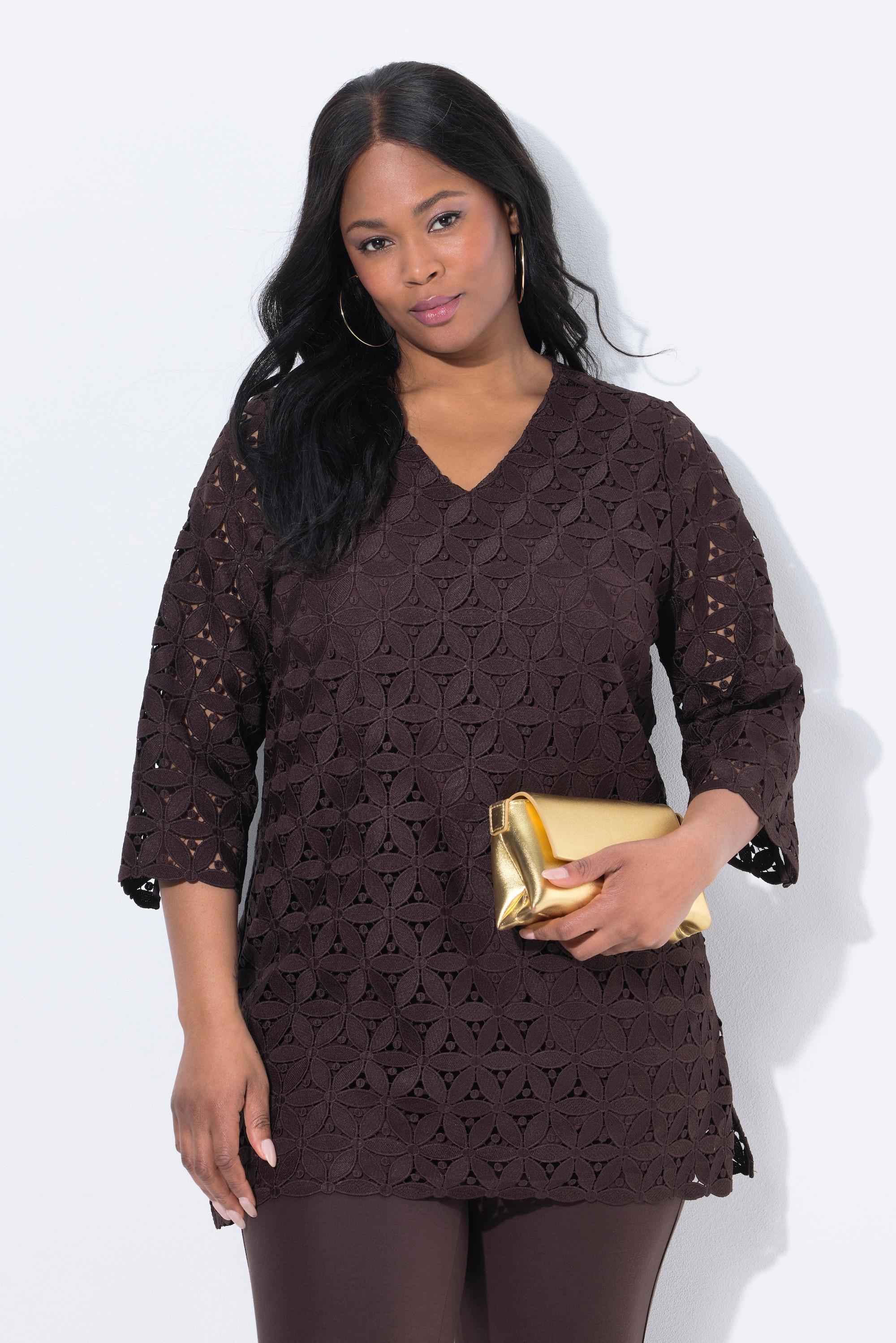 Ulla Popken Tunica Ricami Traforati Taglio Svasato Scollo a V Maniche 3/4  