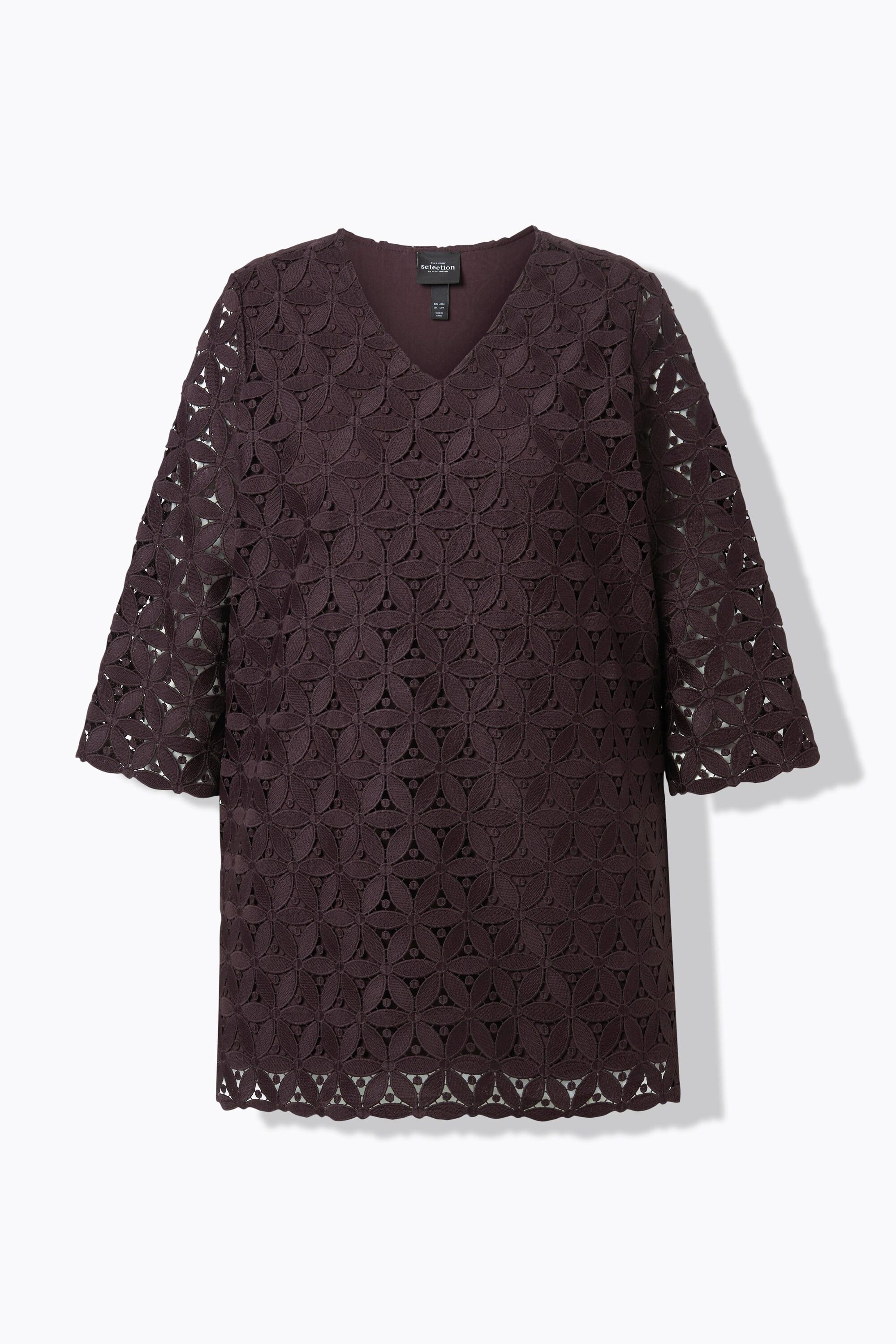 Ulla Popken Tunica Ricami Traforati Taglio Svasato Scollo a V Maniche 3/4  