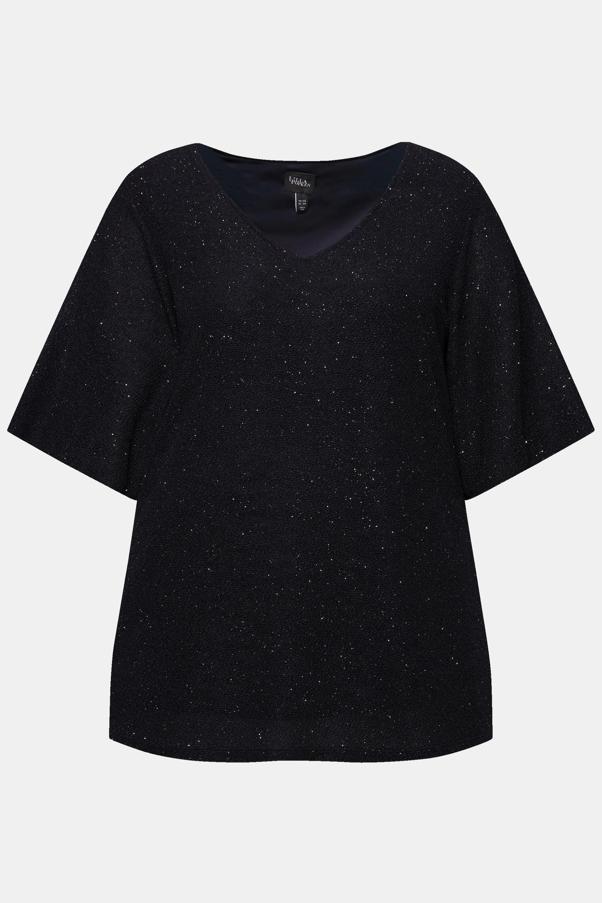 Ulla Popken  T-shirt doublé et brillant, col en V et manches courtes 