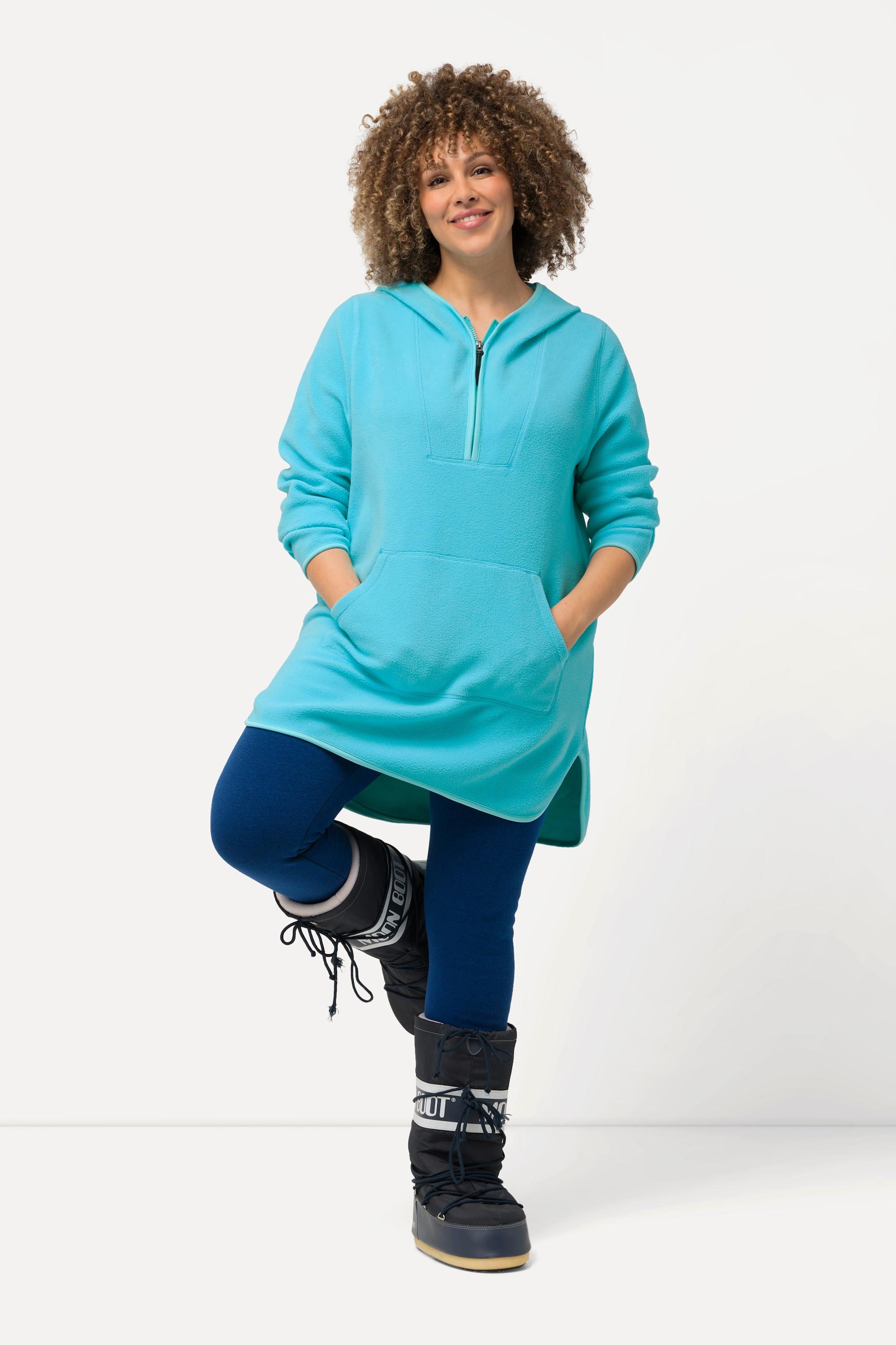 Ulla Popken  Pullover lungo di pellicciotto di pile con cappuccio, zip e maniche lunghe 