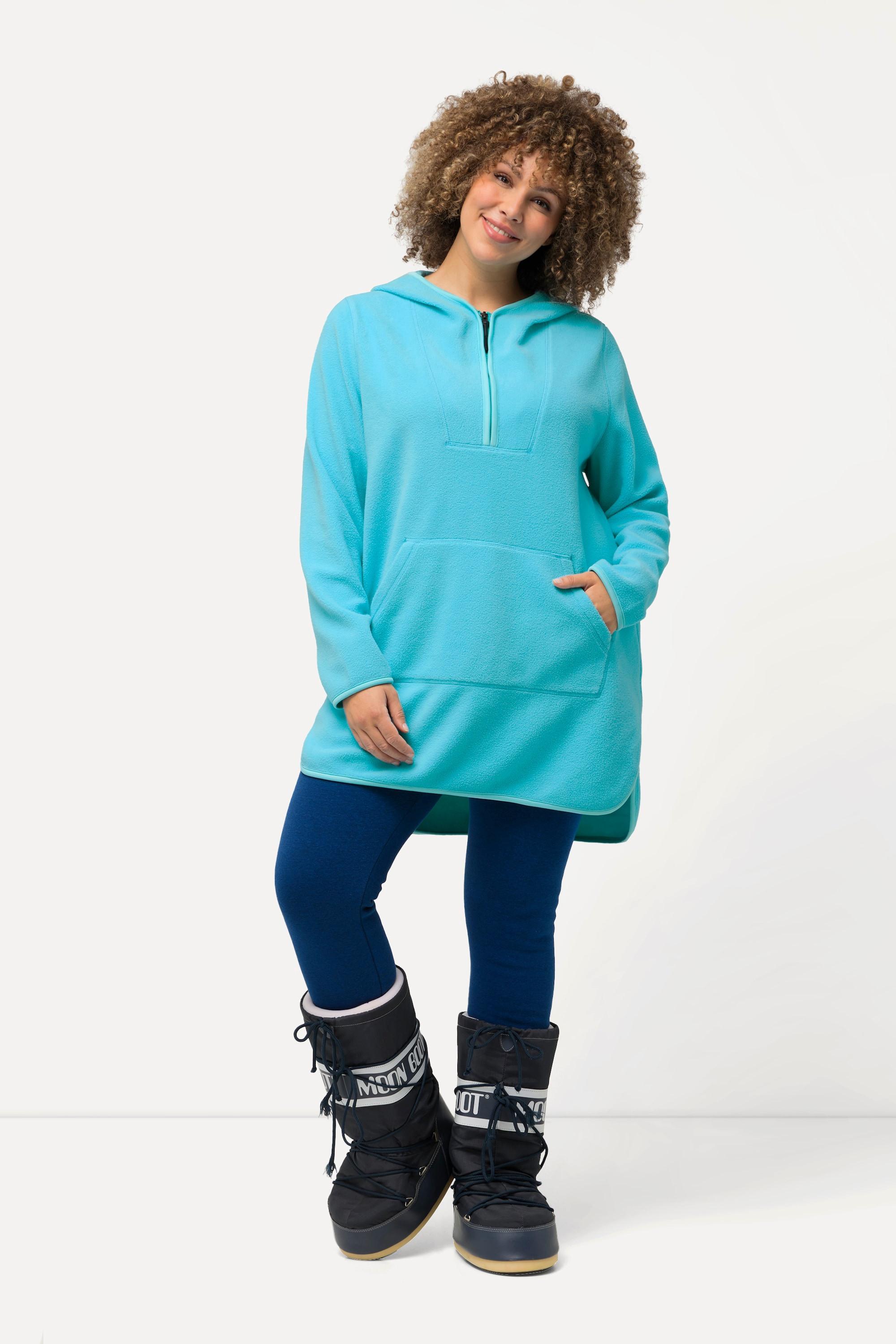 Ulla Popken  Pullover lungo di pellicciotto di pile con cappuccio, zip e maniche lunghe 