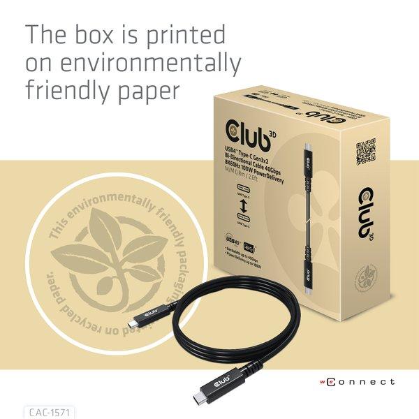 Club3D  USB4 Type-C Gen3x2 Bi-Directional Cable 40Gbps 8K60Hz 100W PowerDelivery M-M 0.8m - 2.62ft 