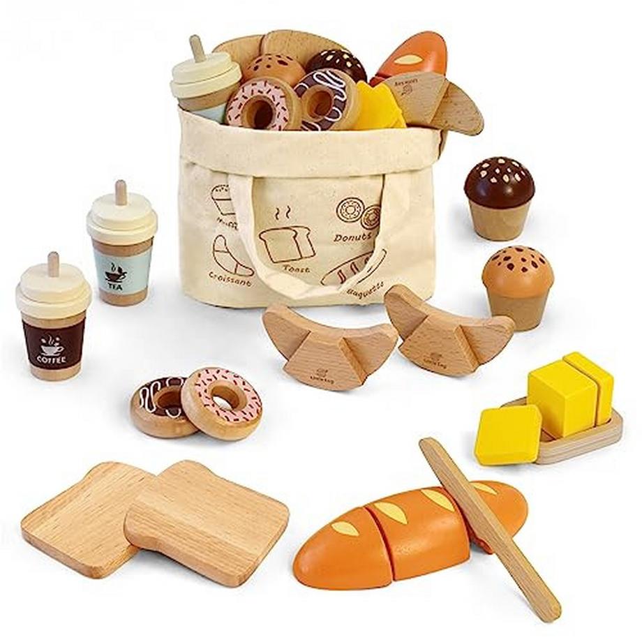 Activity-board  Ensemble de jouets de boulangerie en bois, jeu de nourriture en bois, ensemble de jeu de petit déjeuner, accessoires de cuisine pour jeu de rôle, coupe d'aliments 