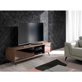 ANGEL CERDA Meuble TV en verre noir effet miroir, noyer et acier noir  