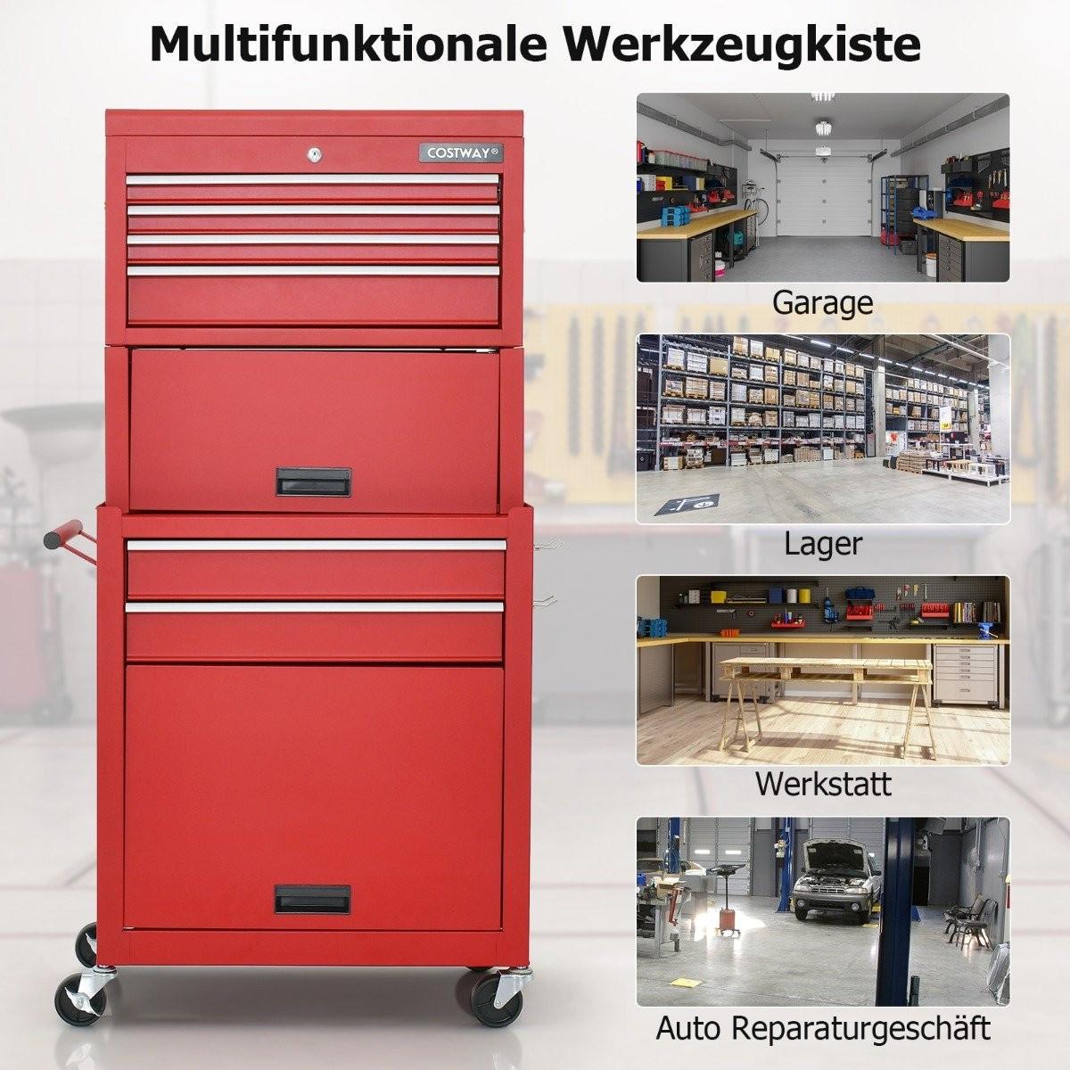 Northio Cassetta portautensili 2 in 1 con serratura, maniglia ad alta capacità, 6 cassetti e 4 ruote rimovibili, rossa  