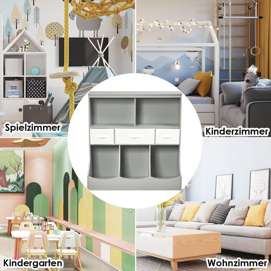 B2X  Étagère à jouets avec 5 compartiments et 3 tiroirs, étagère pour enfants, organiseur de jouets 93 x 40 x 94 cm gris 