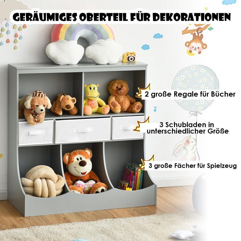 B2X  Étagère à jouets avec 5 compartiments et 3 tiroirs, étagère pour enfants, organiseur de jouets 93 x 40 x 94 cm gris 