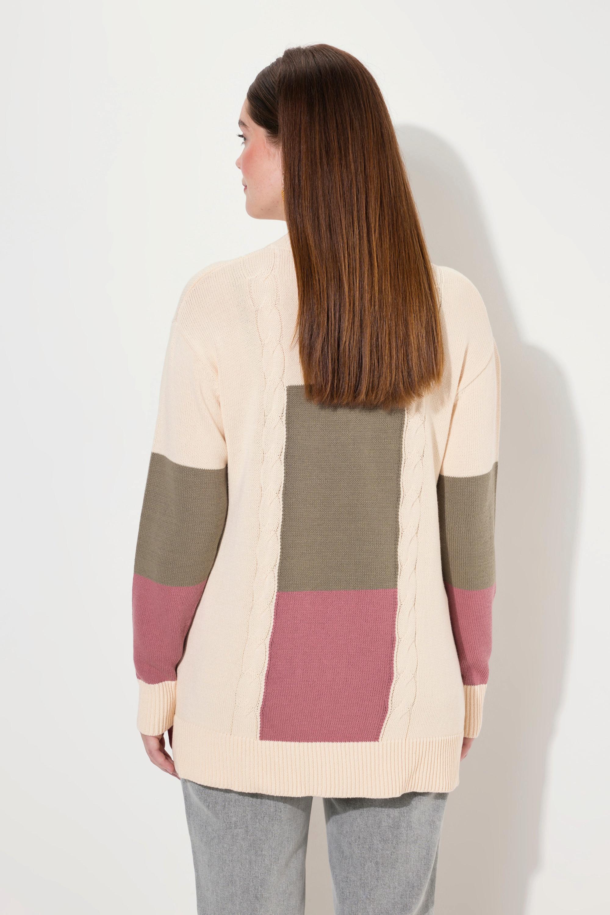 Ulla Popken  Maglione in cotone biologico con color blocking, collo alto e maniche lunghe 