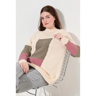 Ulla Popken  Maglione in cotone biologico con color blocking, collo alto e maniche lunghe 