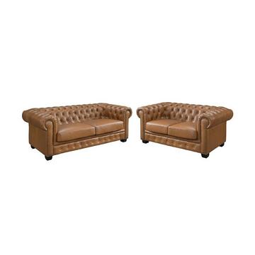 Divano chesterfield 3+2 posti 100% Pelle di bufalo Caramello Vintage - BRENTON