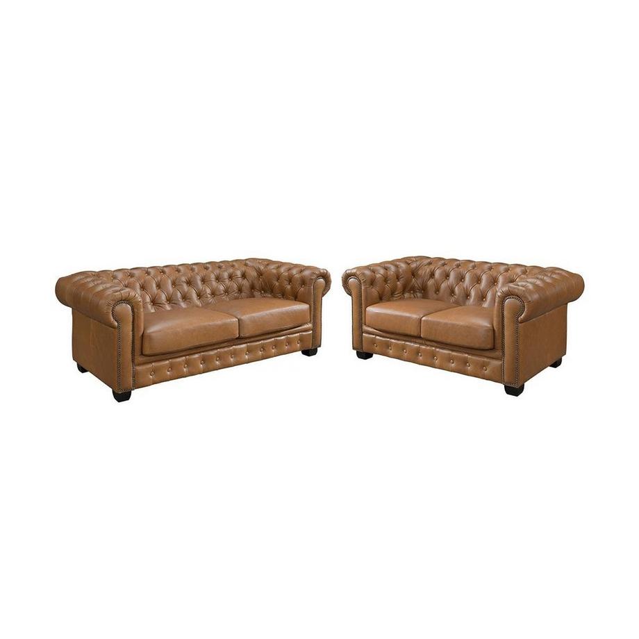 Canapés chesterfield 3 places et 2 places BRENTON 100% cuir de buffle premium - Caramel vintage
