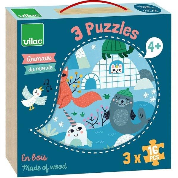 Vilac  Set de puzzle, animaux du monde, 3x16 pièces, Michelle Carlslund, Vilac 