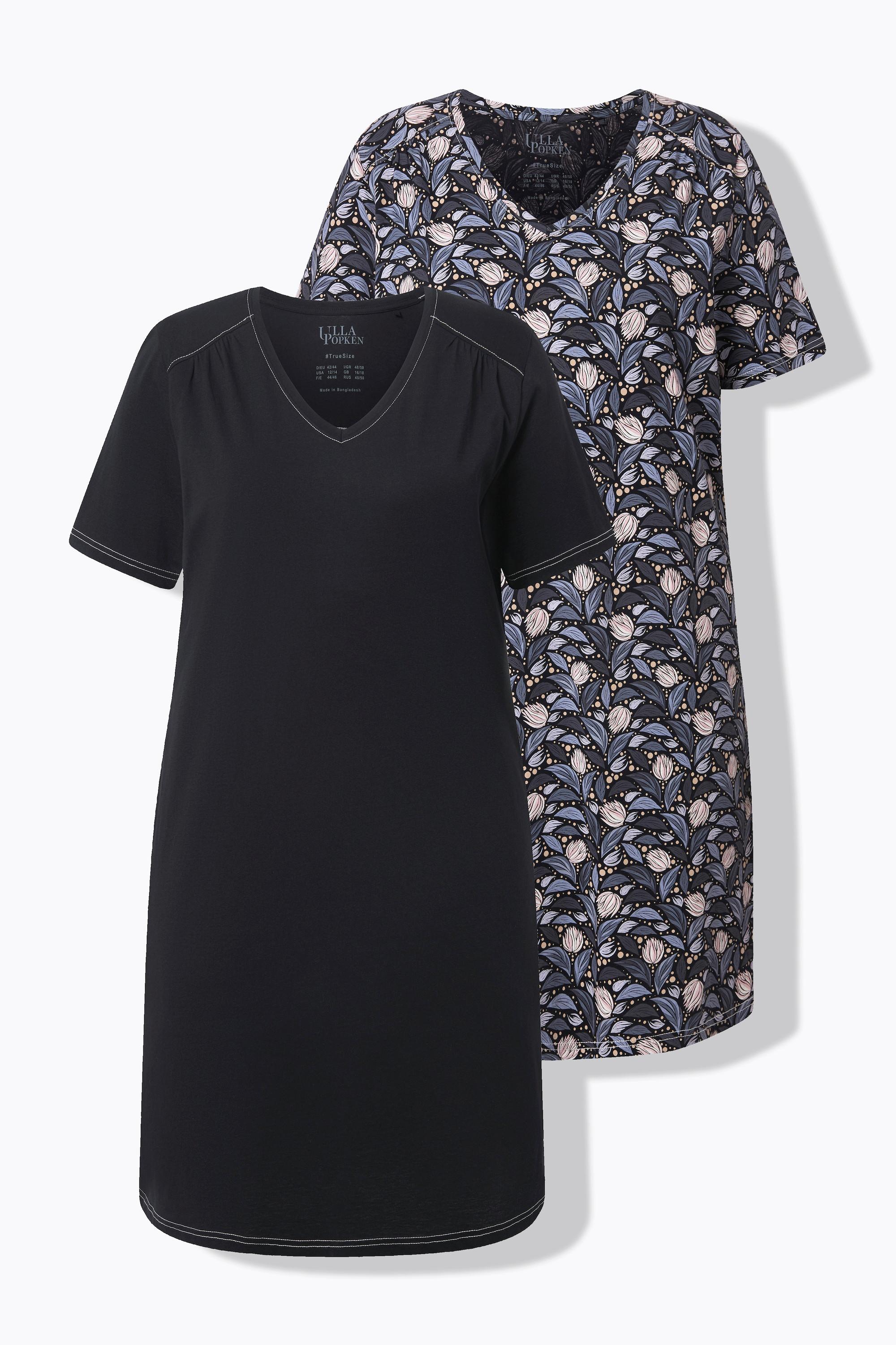 Ulla Popken Nachthemden 2er-Pack Blätter Uni V-Ausschnitt Halbarm  