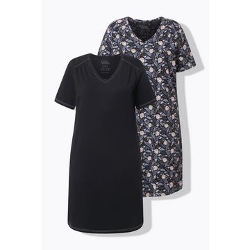 Camicie da notte in confezione doppia con scollatura a V e mezze maniche in tinta unita/foglie