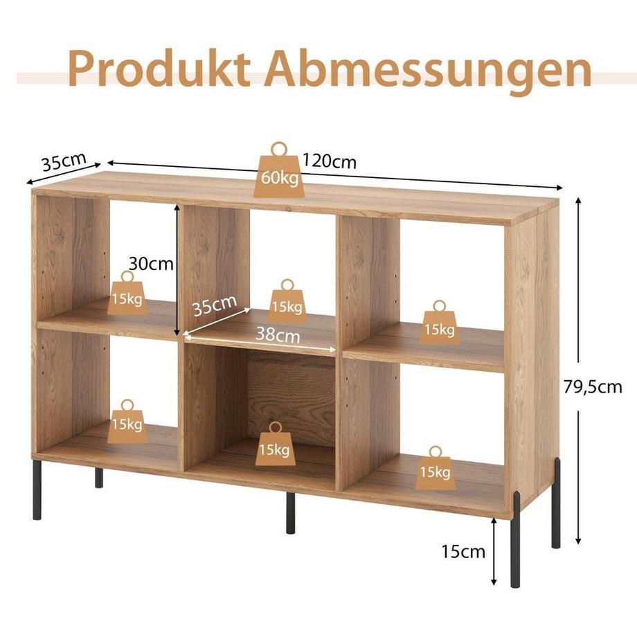 B2X Bücherregal mit 6 Fächern & Erhöhten Metallbeinen & Verstellbaren Regalen Ablageregal Natur  