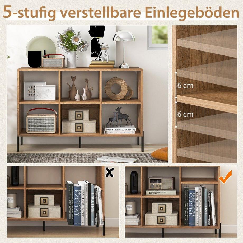 B2X Bücherregal mit 6 Fächern & Erhöhten Metallbeinen & Verstellbaren Regalen Ablageregal Natur  