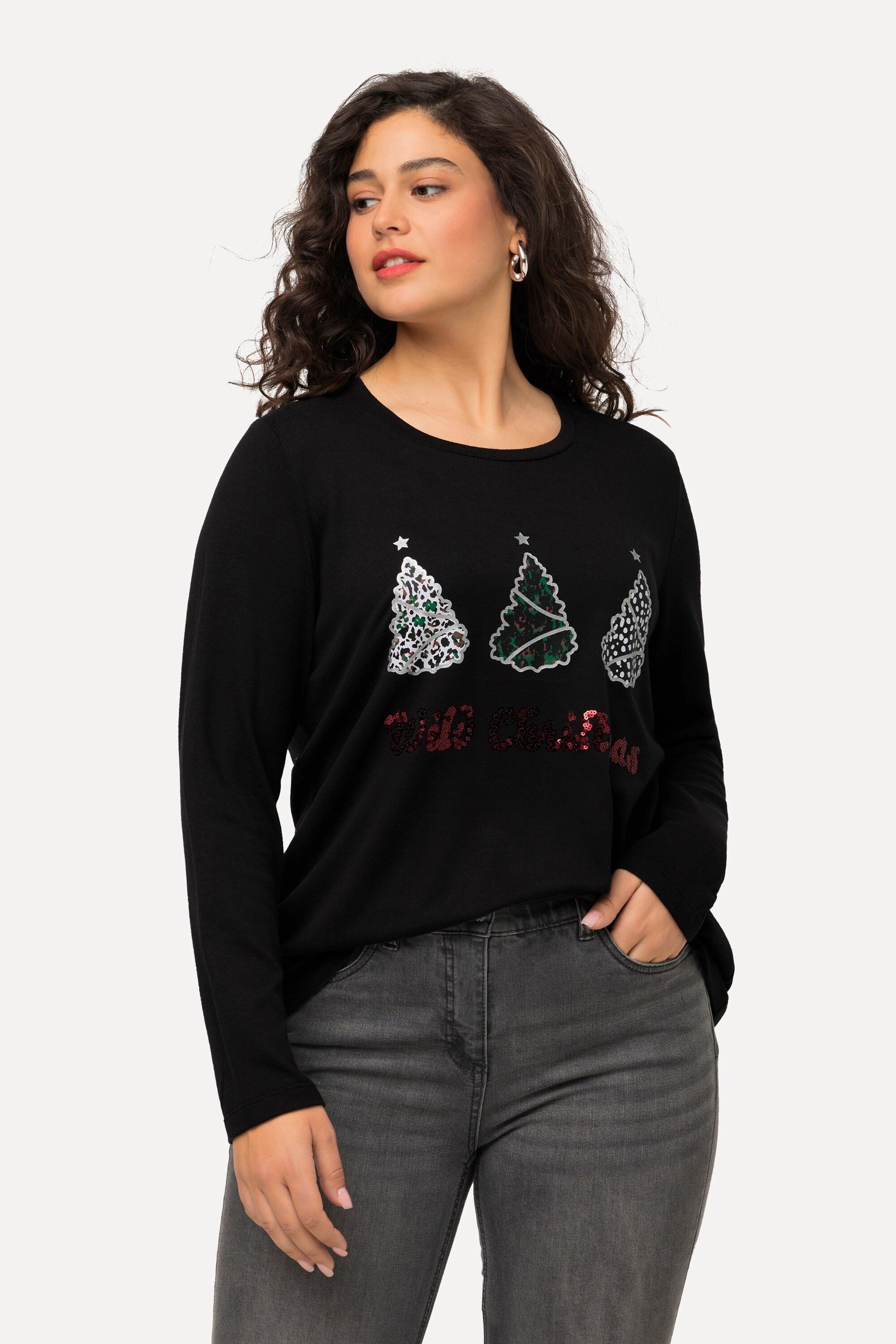 Ulla Popken  Sweat-shirt à col rond et manches longues, paillettes et imprimé Wild Christmas 