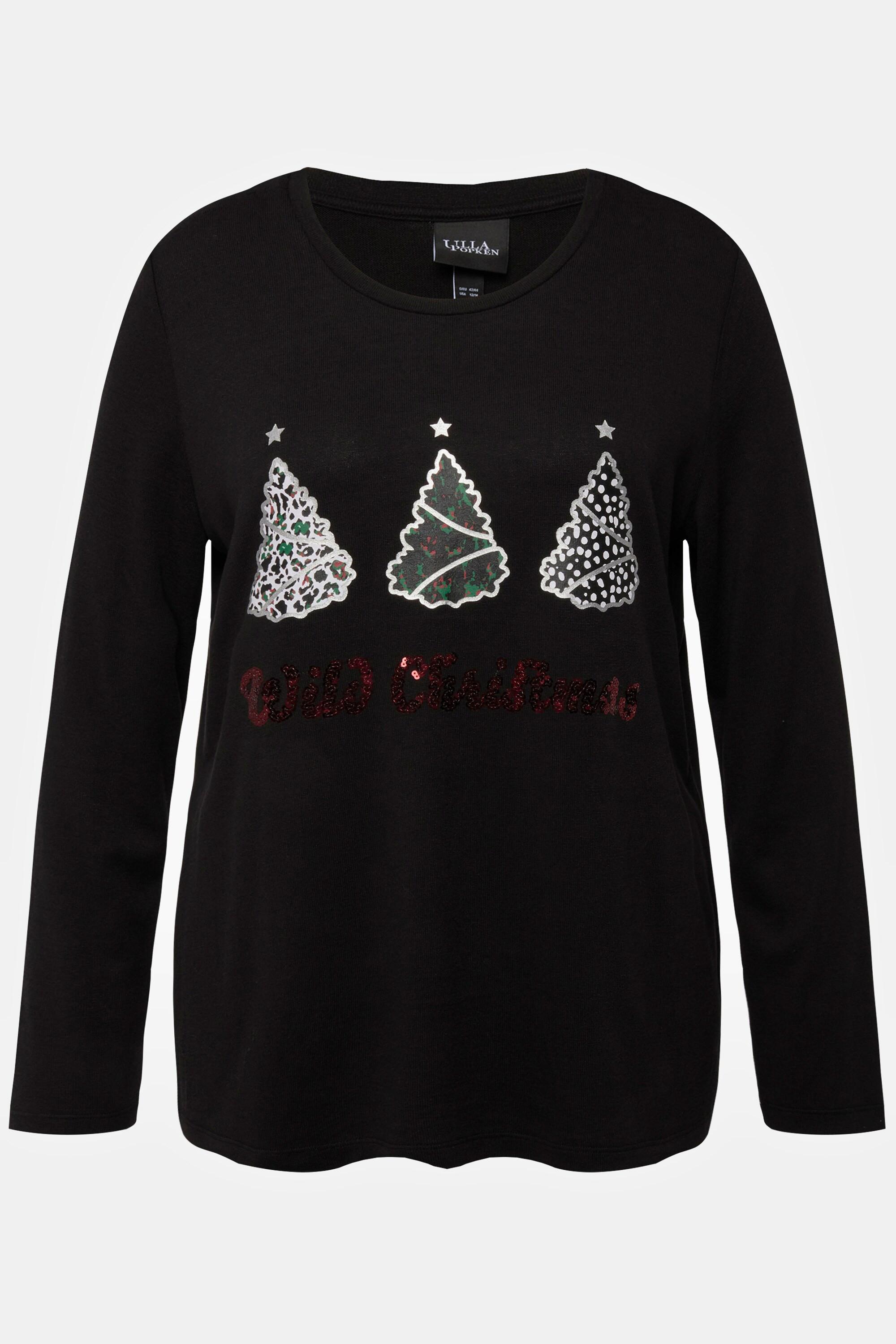 Ulla Popken  Sweat-shirt à col rond et manches longues, paillettes et imprimé Wild Christmas 