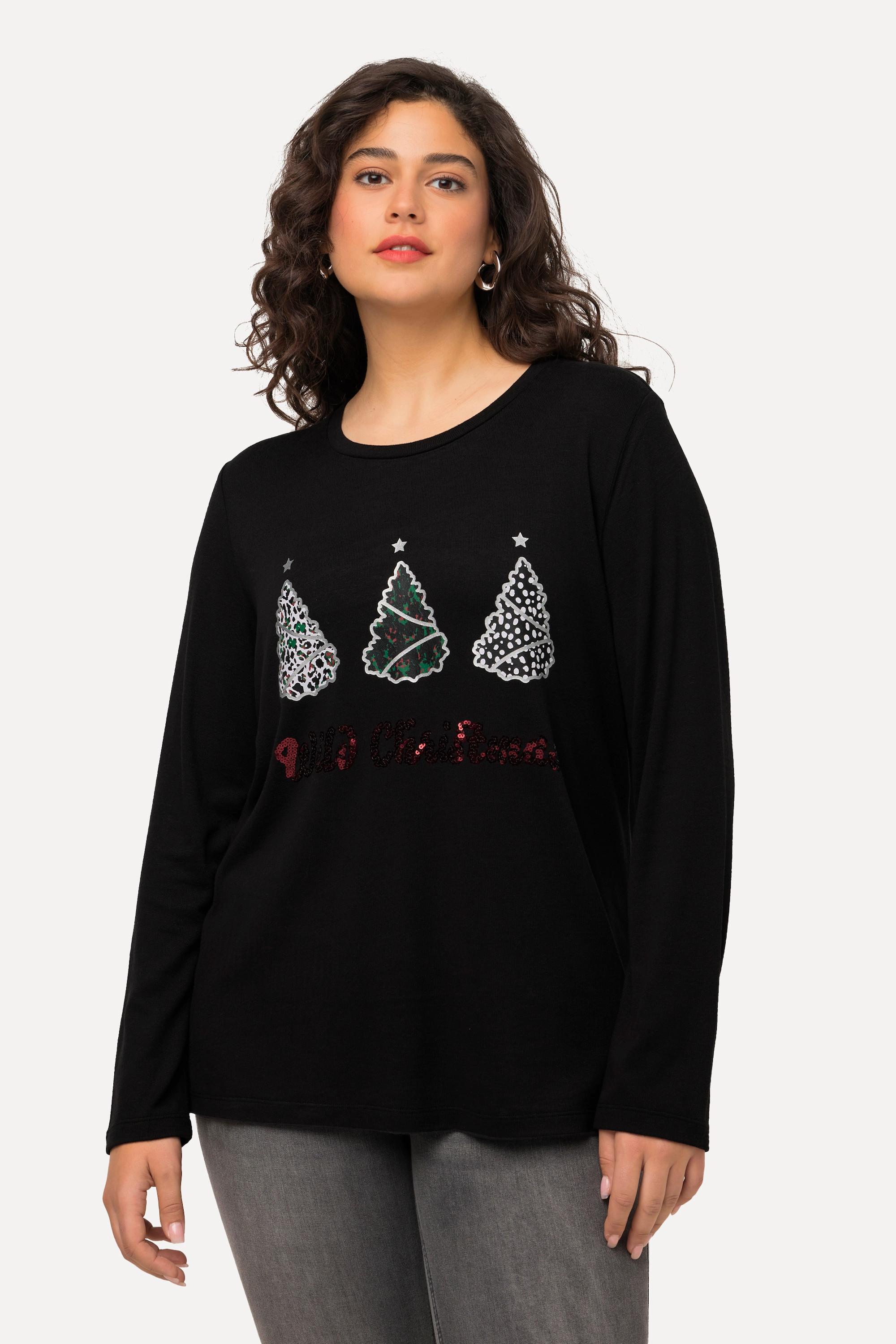 Ulla Popken  Sweat-shirt à col rond et manches longues, paillettes et imprimé Wild Christmas 