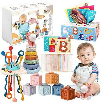 Jouets 4 en 1 pour bébé de 6 mois à 3 ans, tour d'empilage, jouet à cordon de traction en silicone UFO, boîte à mouchoirs, jouet sensoriel pour bébé