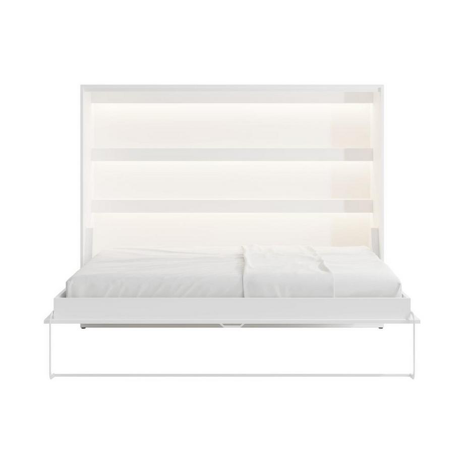 Vente-unique Lit escamotable 140 x 200 cm - Ouverture horizontale manuelle - Avec LEDs - Blanc + Matelas - RAPILI  