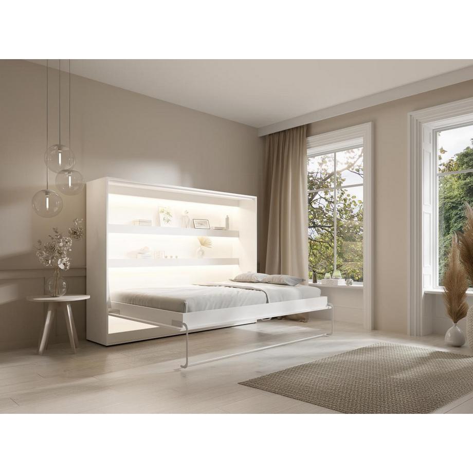 Vente-unique Lit escamotable 140 x 200 cm - Ouverture horizontale manuelle - Avec LEDs - Blanc + Matelas - RAPILI  
