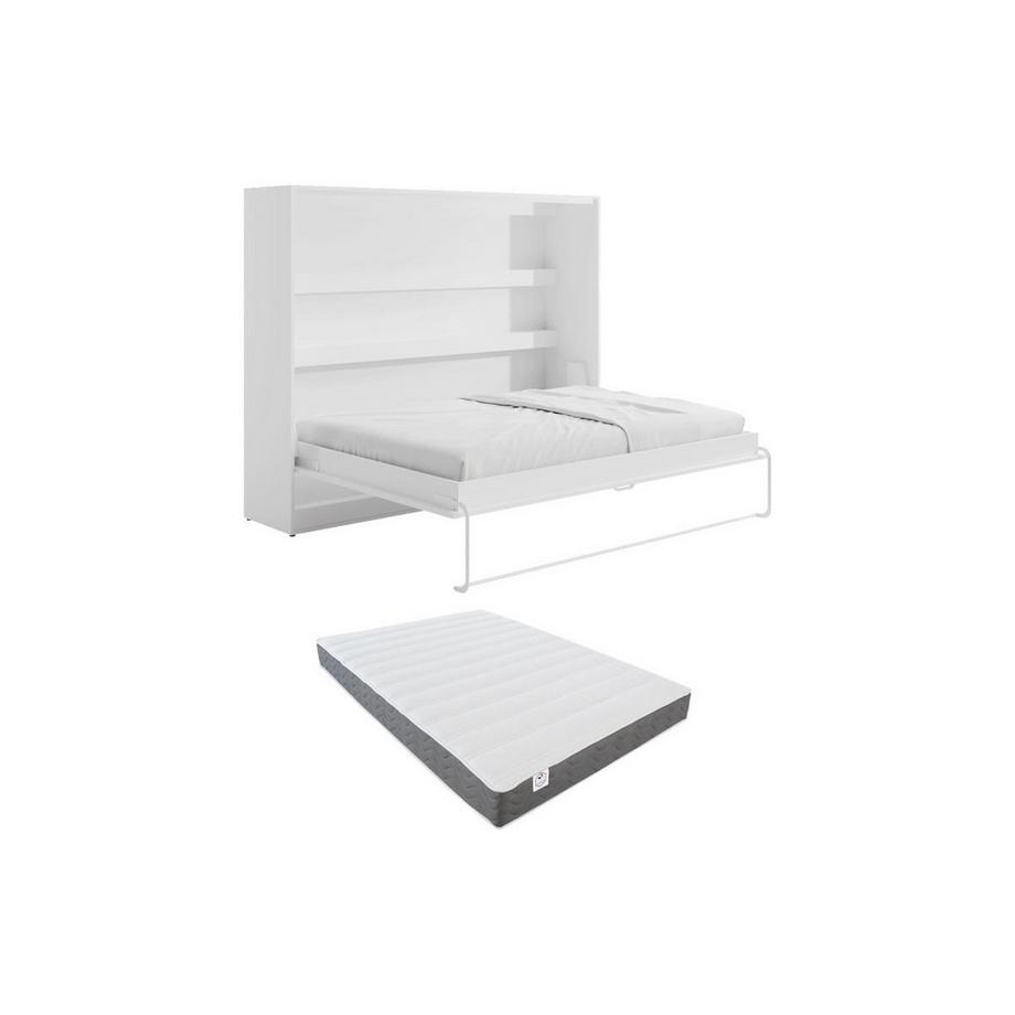 Lit escamotable 140 x 200 cm - Ouverture horizontale manuelle - Avec LEDs - Blanc + Matelas - RAPILI
