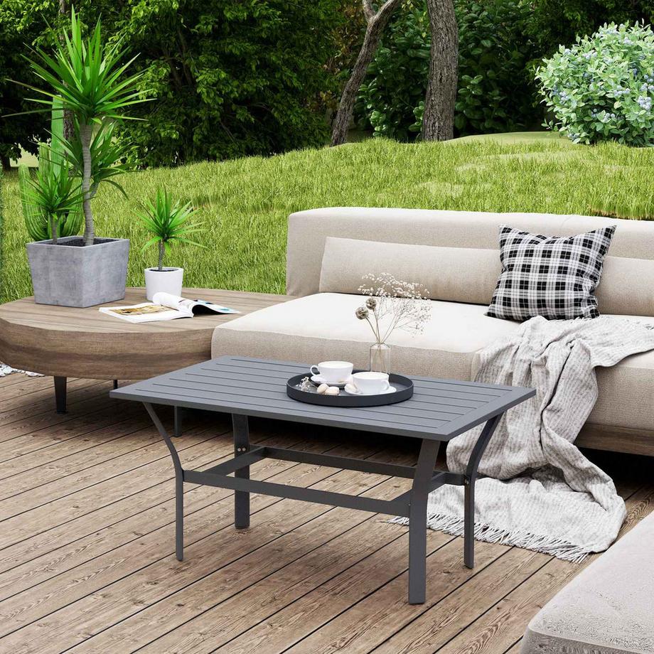 Northio Beistelltisch Metall Balkontisch mit Lamellendesign wetterfest Kaffeetisch Gartentisch pflegeleicht Sofatisch Outdoor Tisch für Balkon Garten Terrasse Veranda 91,5 x 55 x 45 cm Dunkelgrau Aosom  
