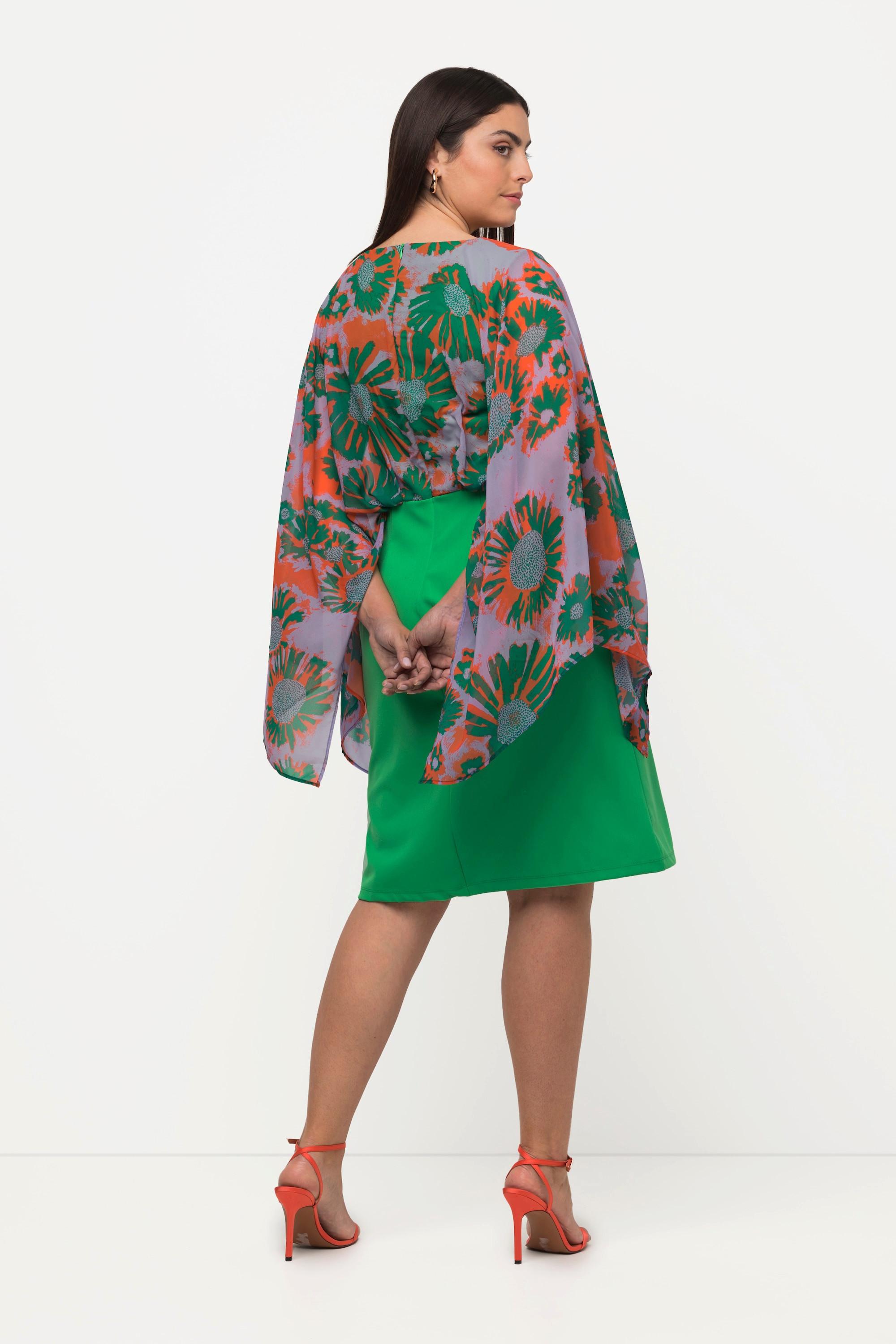 Ulla Popken Abito Midi Corpino Chiffon Stampa Foglie Scollo V Maniche Lunghe  