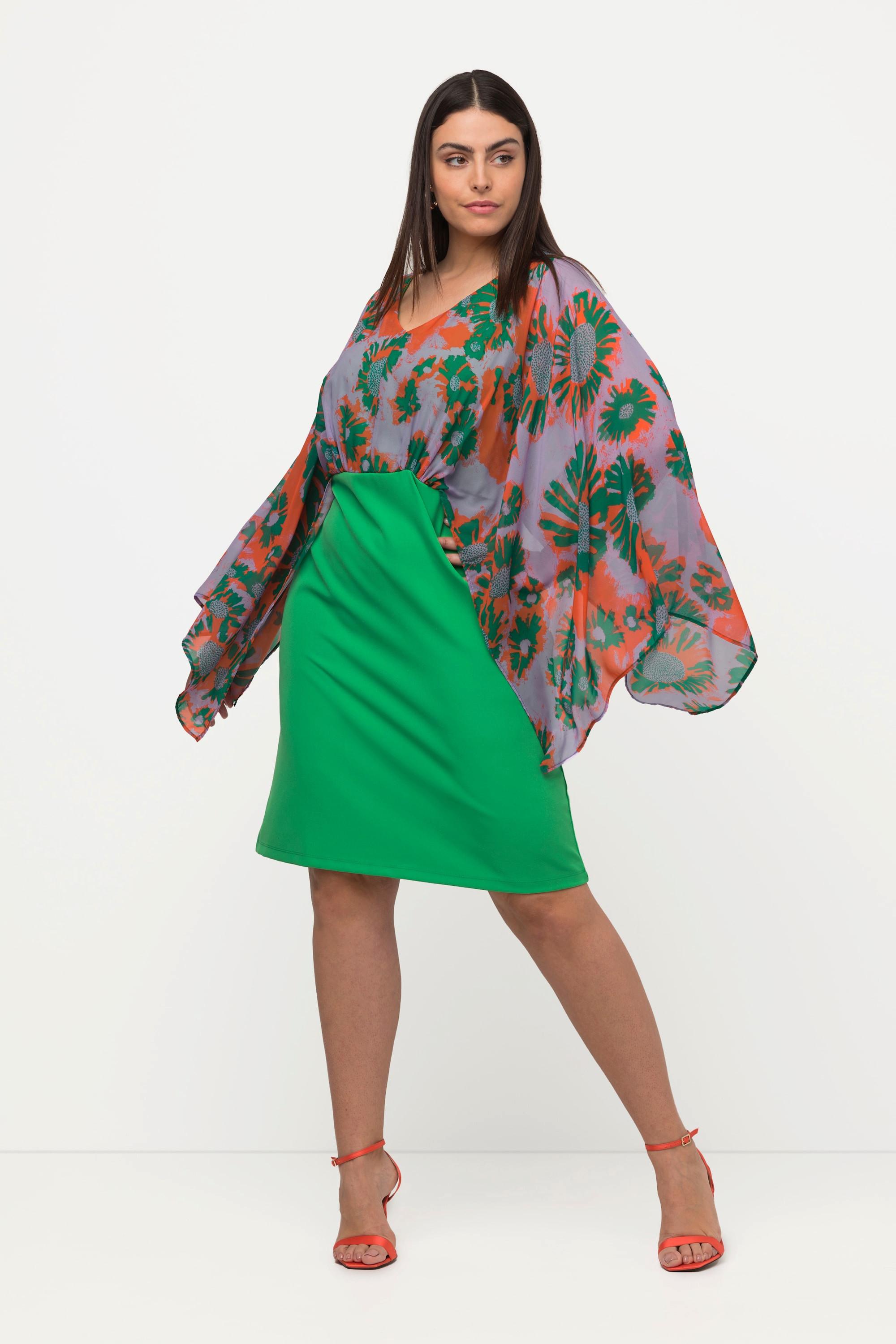 Ulla Popken Abito Midi Corpino Chiffon Stampa Foglie Scollo V Maniche Lunghe  