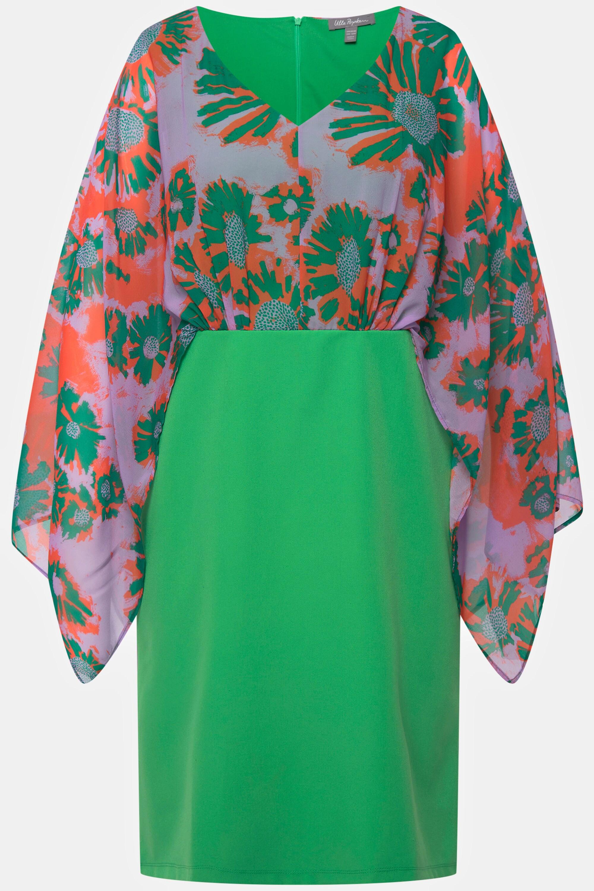 Ulla Popken Abito Midi Corpino Chiffon Stampa Foglie Scollo V Maniche Lunghe  