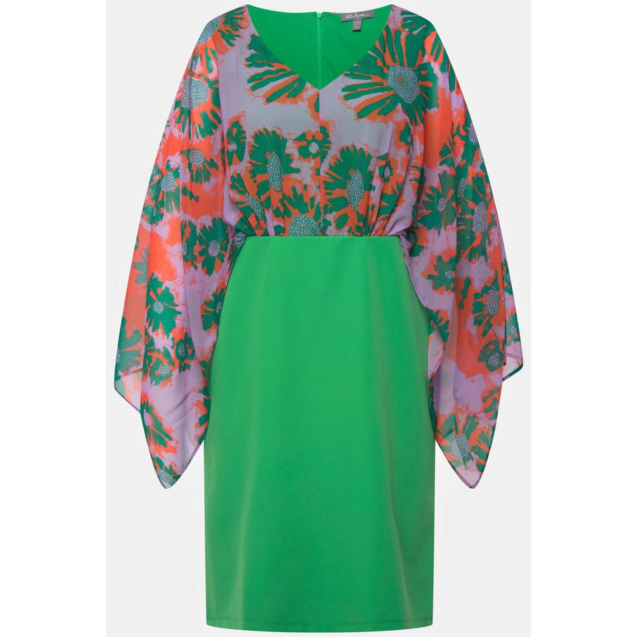 Ulla Popken Midi Chiffon-Büste Blätter V-Ausschnitt Langarm Kleid  