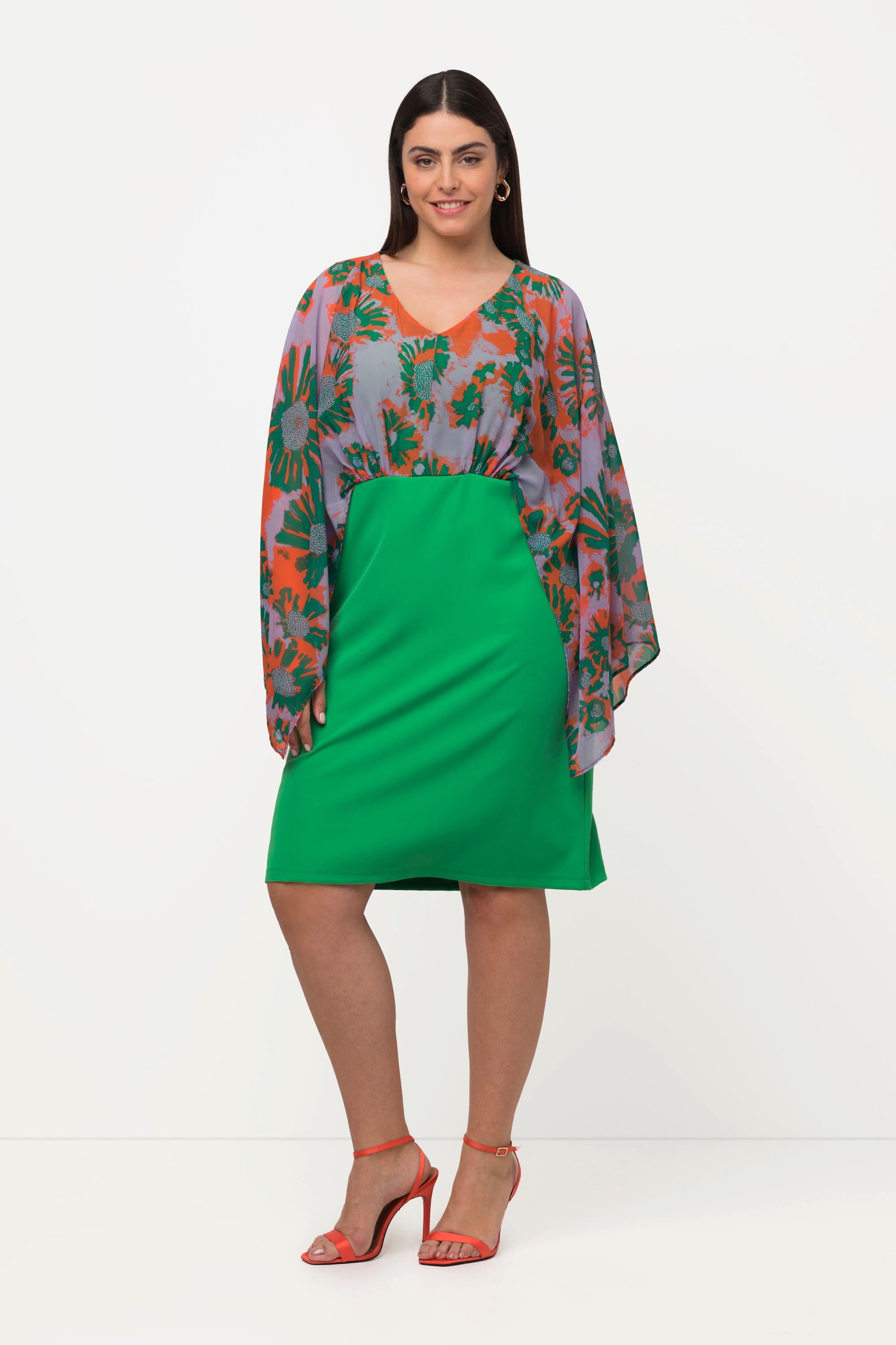 Ulla Popken Abito Midi Corpino Chiffon Stampa Foglie Scollo V Maniche Lunghe  