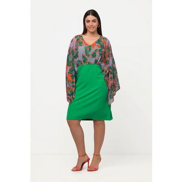 Robe midi avec buste en mousseline, imprimé à feuilles - col en V et manches longues