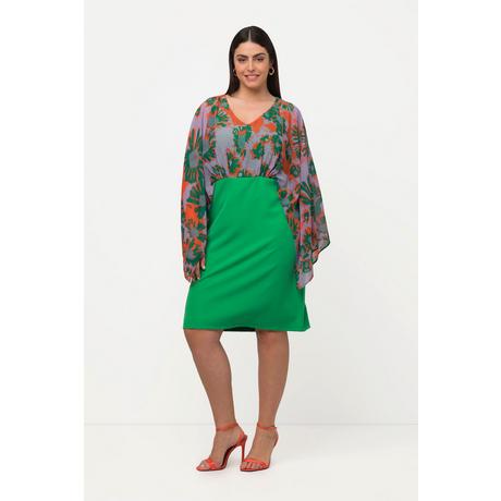 Ulla Popken  Midikleid, Chiffon-Büste, Blätter, V-Ausschnitt, Langarm 