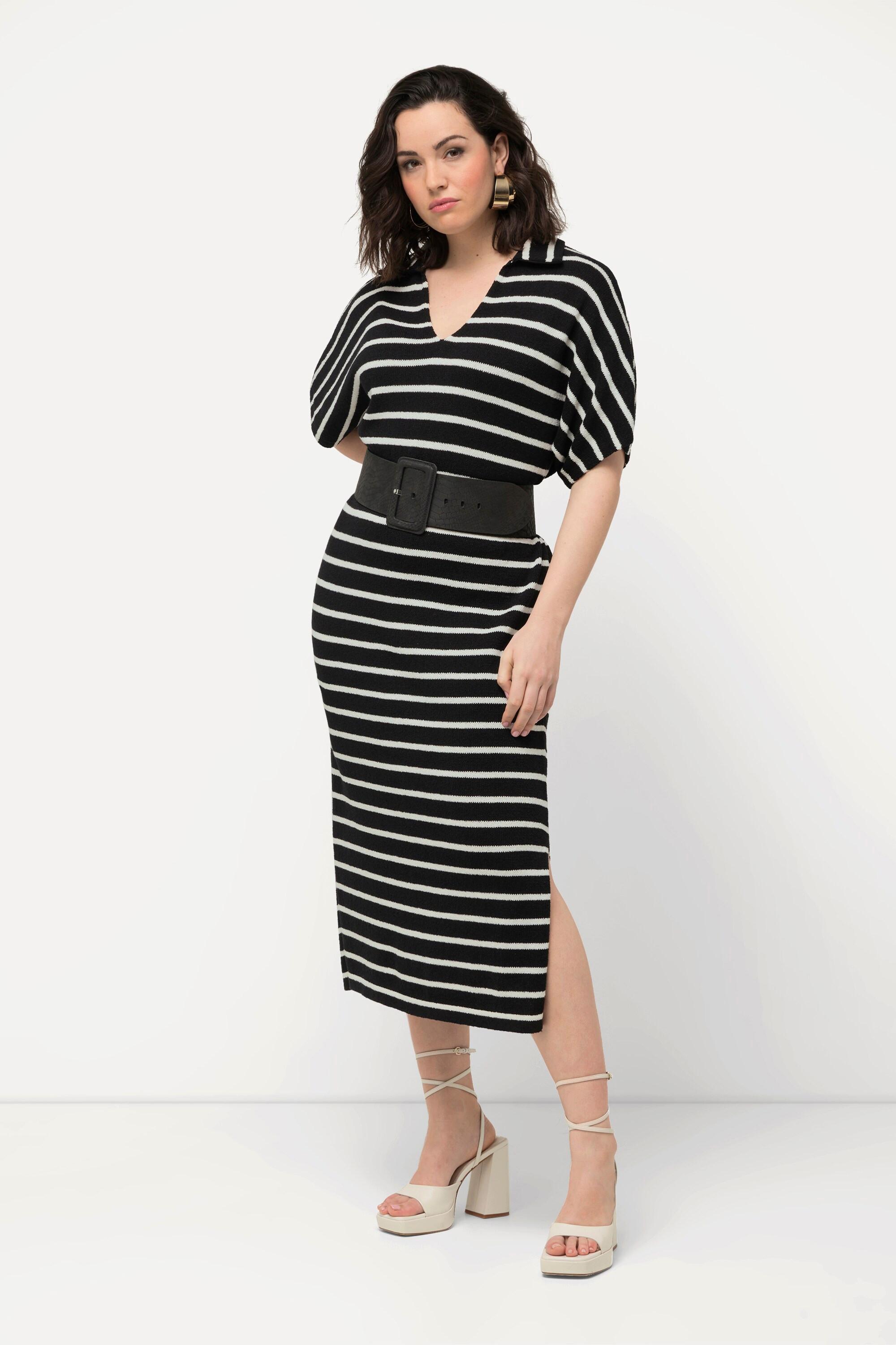 Ulla Popken  Abito midi in maglia a righe con collo da camicia e mezze maniche 