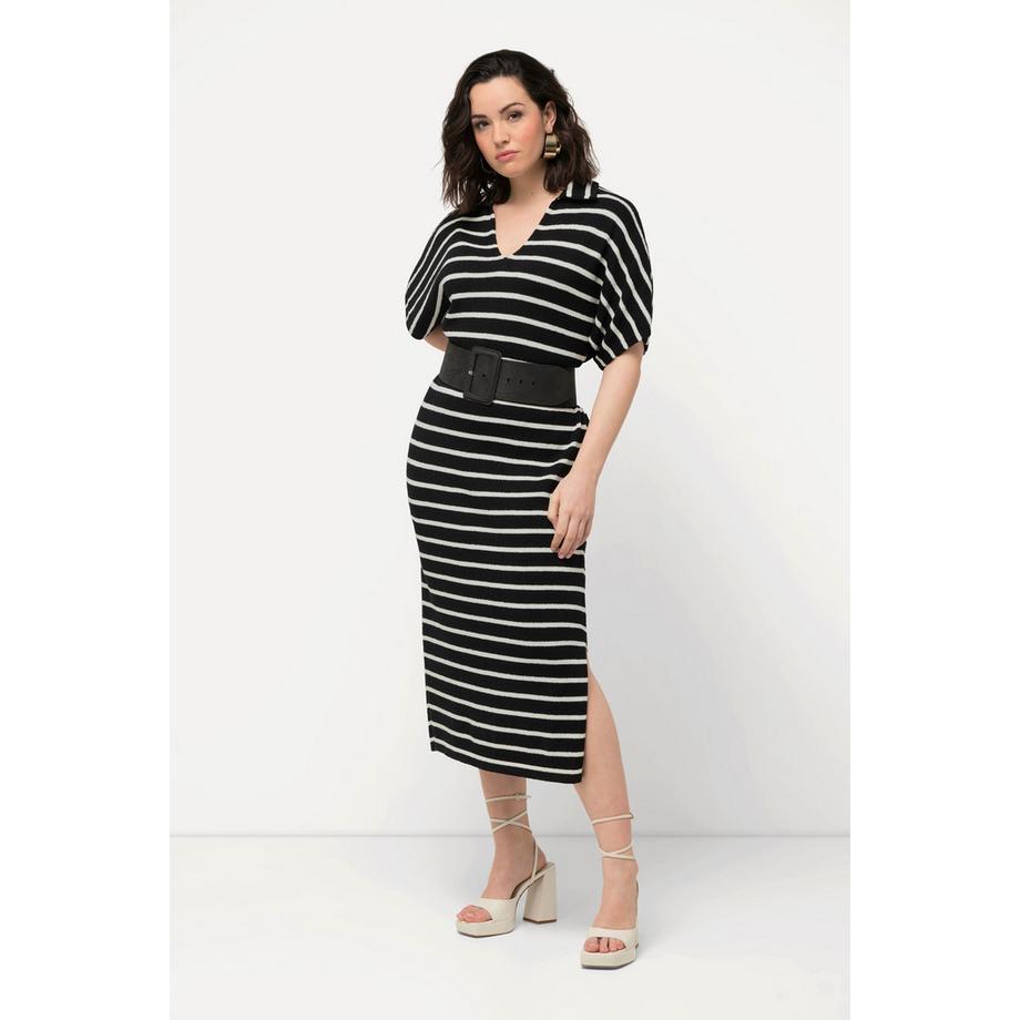 Ulla Popken Ringel Strick Midikleid Hemdkragen Halbarm  