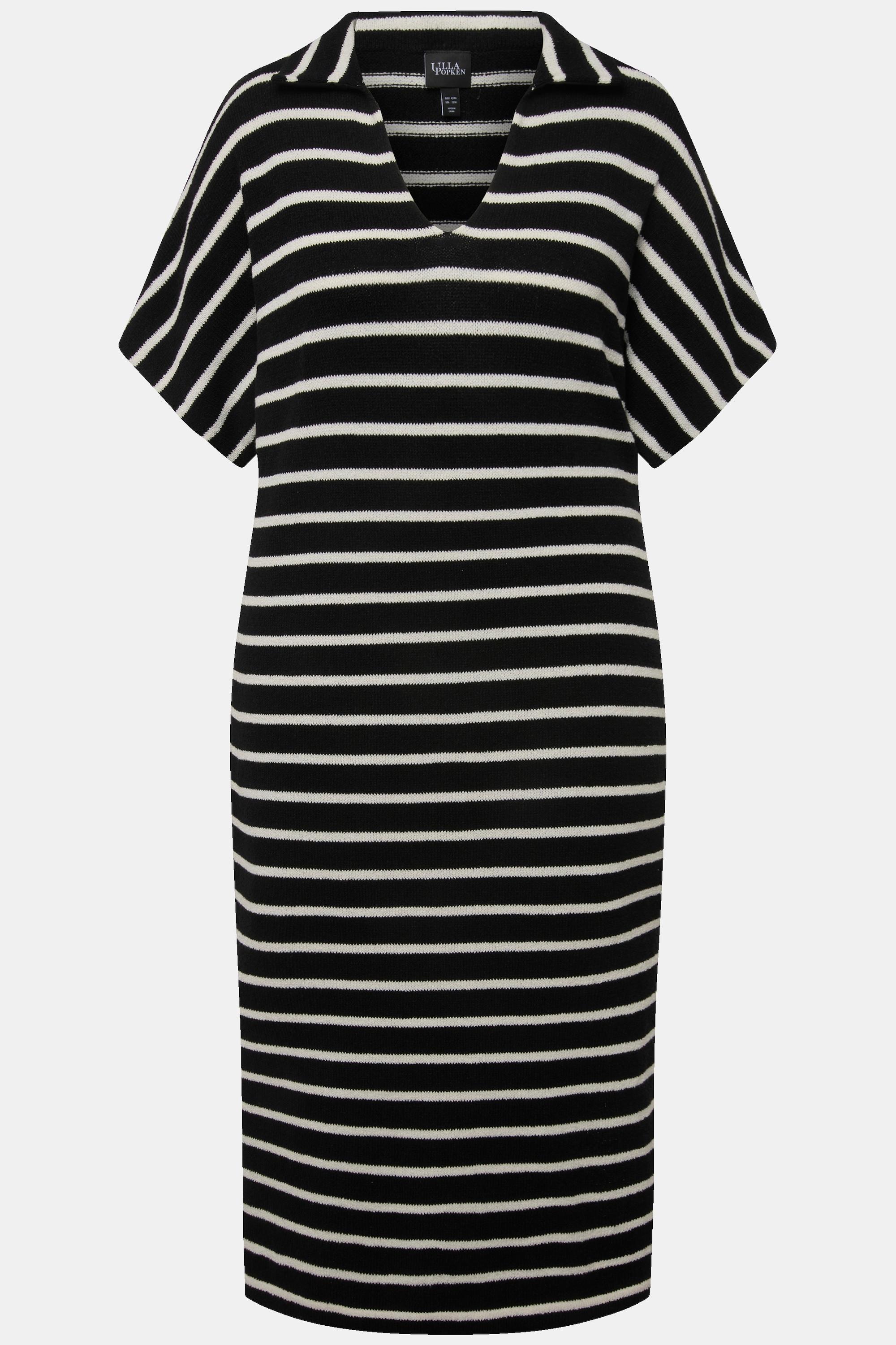 Ulla Popken Abito Midi Maglia Righe Collo Camicia Mezze Maniche  